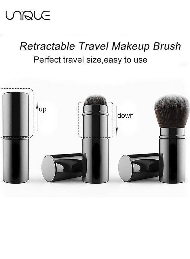 يونيك فرشاة مكياج قابلة للسحب ، فرشاة أحمر الخدود للسفر ، فرشاة واقية من الشمس لكريم الأساس المحمولة مع أحمر الخدود ، برونزر ، مصقول ، هايلايتر مسحوق مكياج لا تشوبه شائبة (أسود) - Image 3
