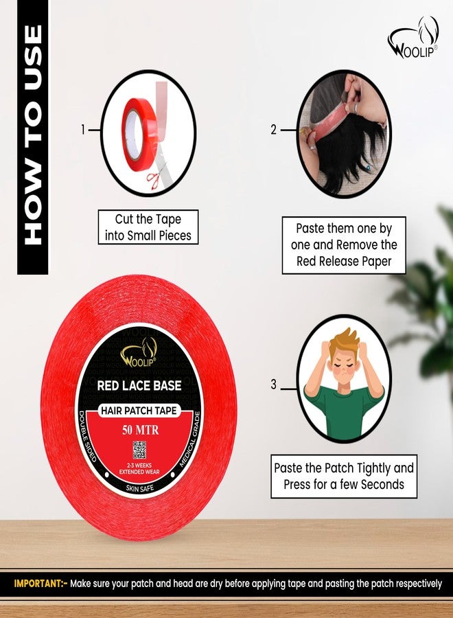Woolip Red Double Sided Transparent Hair Patch Tape Ultra Strong Hold Waterproof Cotton Adhesive For Hair Wig And Hair Patch 1 Inch Width 50 Meter Roll - Image 2