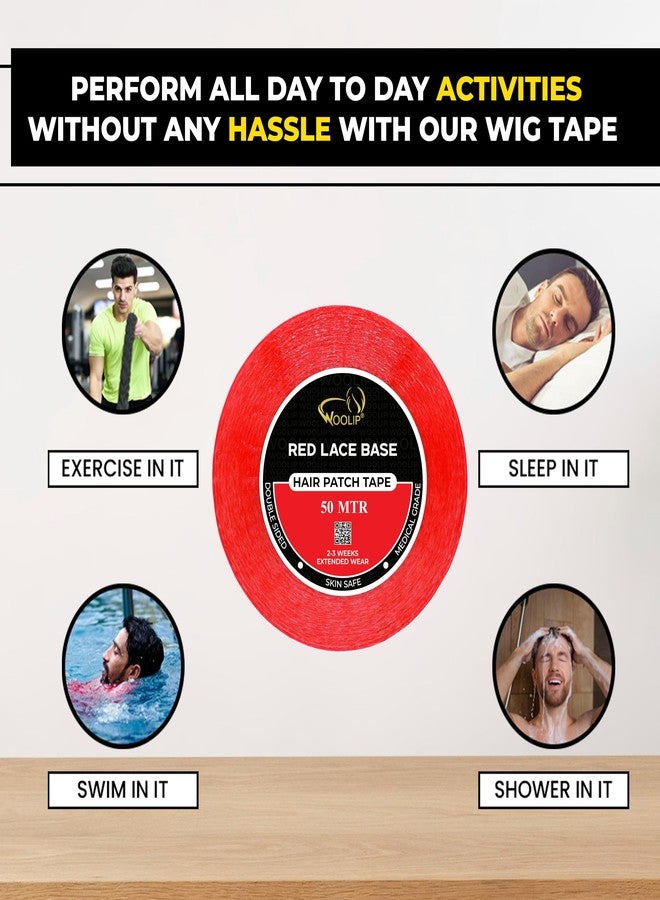 Woolip Red Double Sided Transparent Hair Patch Tape Ultra Strong Hold Waterproof Cotton Adhesive For Hair Wig And Hair Patch 1 Inch Width 50 Meter Roll - Image 3