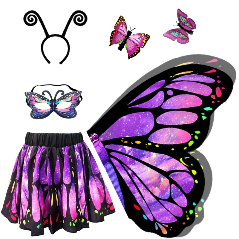 Jackcell Butterfly Wings Costumes for Girls Double Sided Butterfly Cape Halloween Costume with Fairy Skirt for kids Fairy Wings Dress Up Cosplay Party Festival Set Purple - Image 3