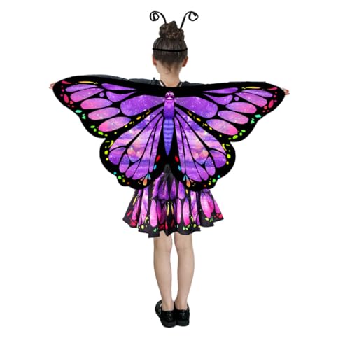 Jackcell Butterfly Wings Costumes for Girls Double Sided Butterfly Cape Halloween Costume with Fairy Skirt for kids Fairy Wings Dress Up Cosplay Party Festival Set Purple - Image 5