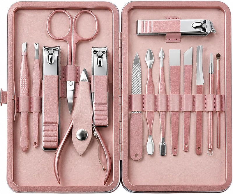 Utopia Care - Manicure Kit for Women and Men, 16 Pcs Manicure Set with Nail Clippers, Fingernail & Toenail Clippers, Pedicure Kit Stocking Stuffers with Travel Case, Stainless Steel - Pink - Image 1
