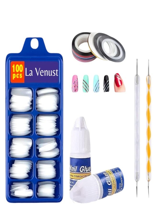 La Venust Beauty Nail Kit Set; 100pc White Artificial Nails, 2pc Nail Glue,2pc Nail Dotting Pen, 03Pc Nail Decorating tape. - Image 1