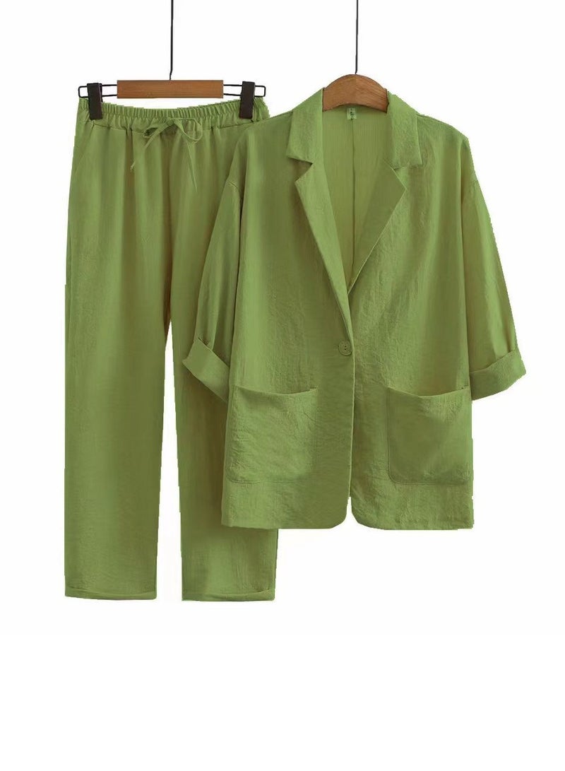Loquat Women's Solid Color 2 Piece Set Three-Quarter Sleeve Suit Jacket And Loose Pants Casual Suit Green 