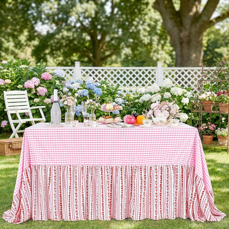 SoarDream Easter Tablecloth: Red Berry Easter Ruffle Checked Waterproof Table Cloth - 90 x 132 Inch Gingham Spring Eggs Rectangle Table Covers for Holiday Picnic Baby Shower Birthday Wedding Party Decoration - Image 1