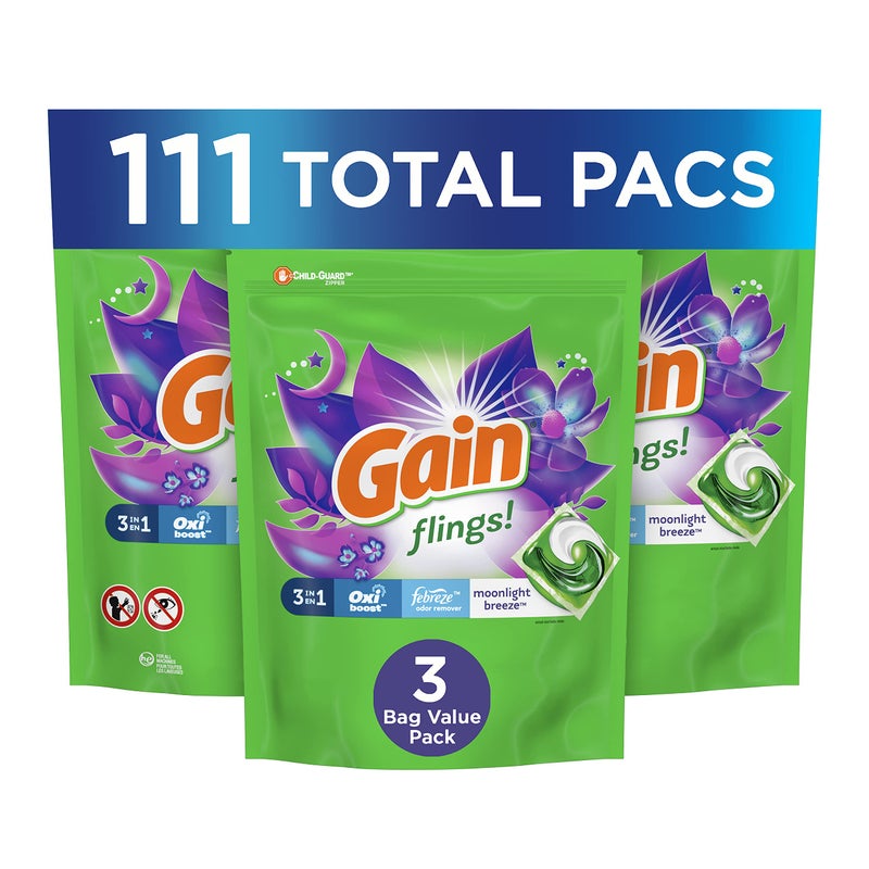 Gain Flings 3in1 Laundry Detergent Soap Pods Moonlight Breeze Scent 3 Bag Value Pack 111 Count HE Compatible 37 Count Pack of 3