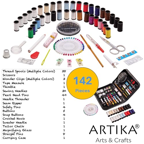 ARTIKA طقم خياطة ARTIKA للبالغين والأطفال (142 قطعة) - مجموعة صغيرة للمبتدئين مع خيوط متعددة الألوان، إبر، مقصات، خياطة، ومشابك - طقم إصلاح طارئ وحقائب سفر - ملحقات ومواد الخياطة - Image 2