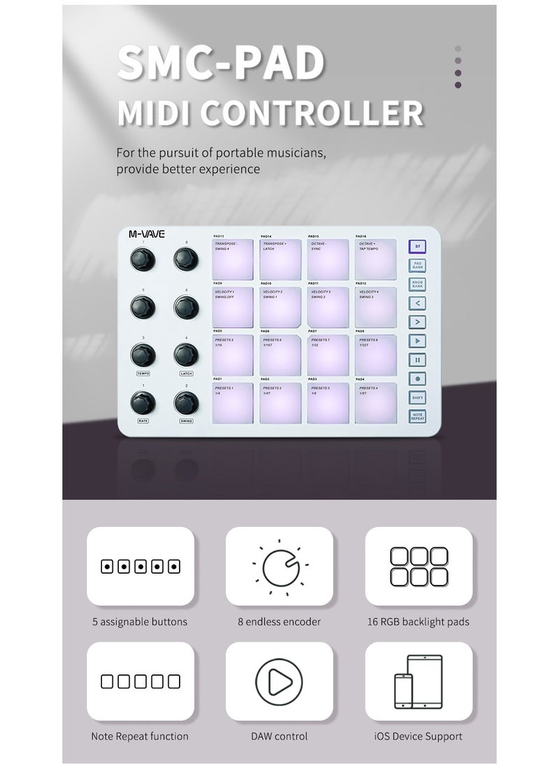 M-VAVE - SMC-PAD Launch Pad USB-C Interface, Portable Design, Small Wireless MIDI Controller, Suitable Percussion Keyboard - Image 1