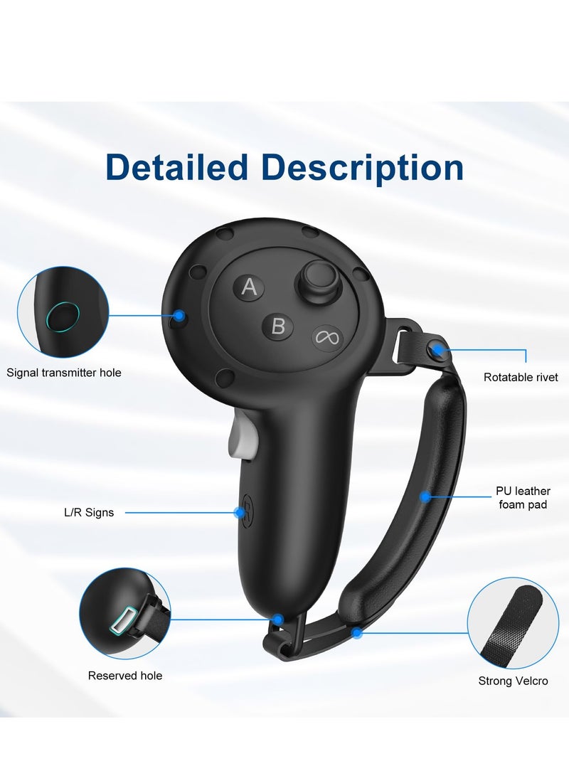 2PCs Upgraded Controller Grip Cover Anti-Fall Protective Handle Sleeve with Wrist Strap Compatible for Meta Quest3 Handles (Black) - Image 2