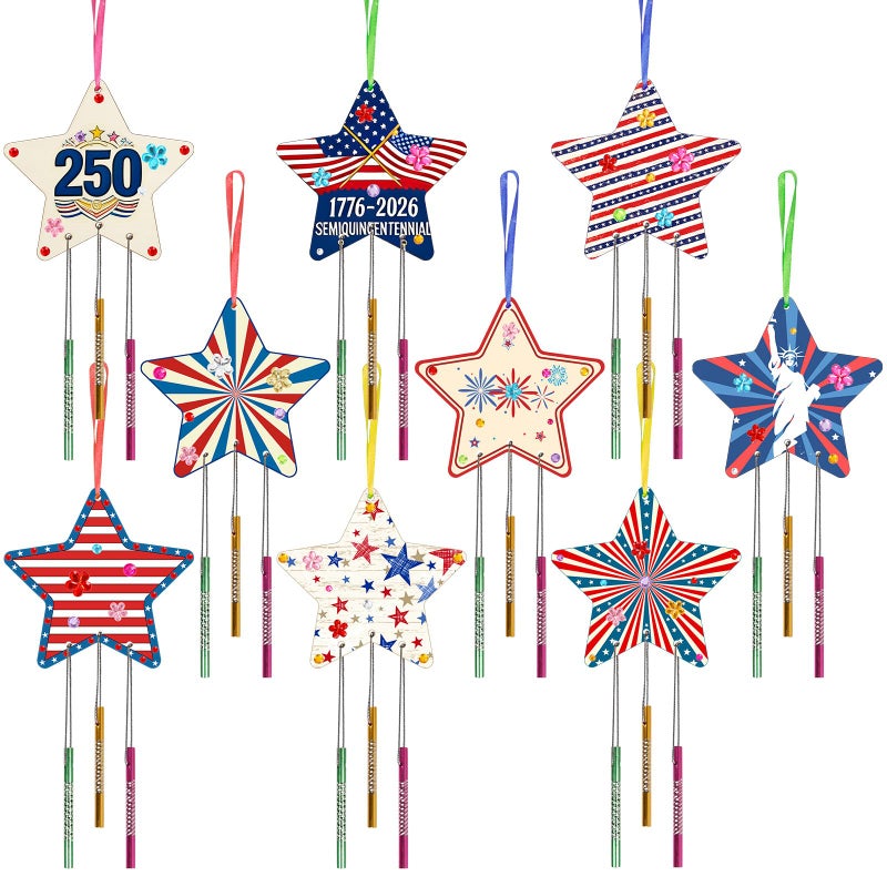 Fennoral 9 Pack 4th of July Wind Chime Kit for Kids Make Your Own Star Wind Chime for Girls Boys DIY Coloring Craft for 250th Anniversary USA Independence Day Ornaments 4th of July Party Art Activity - Image 4