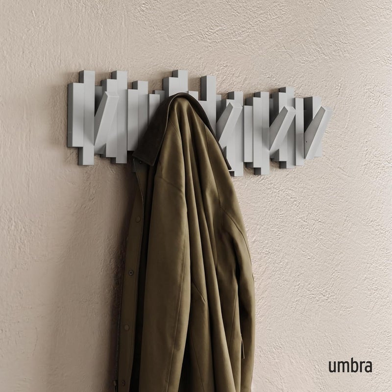 UMBRA Sticks Wall-Mounted Coat Rack Rail Hook with 5 Retractable Pegs – Modern, Space-Saving Storage Organizer, Grey - Image 2
