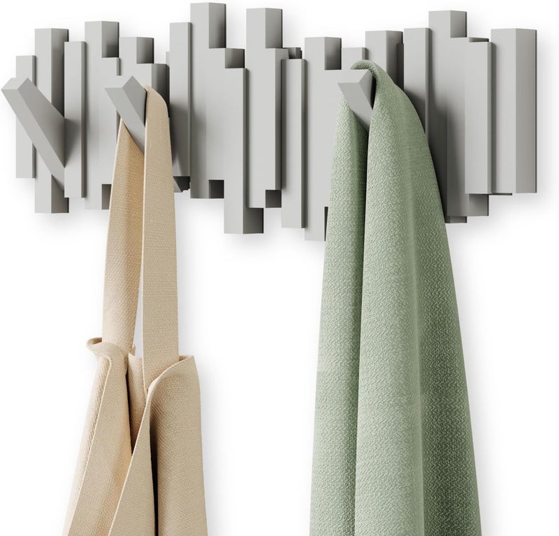 UMBRA Sticks Wall-Mounted Coat Rack Rail Hook with 5 Retractable Pegs – Modern, Space-Saving Storage Organizer, Grey - Image 1