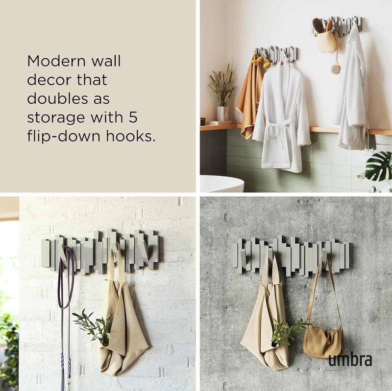 UMBRA Sticks Wall-Mounted Coat Rack Rail Hook with 5 Retractable Pegs – Modern, Space-Saving Storage Organizer, Grey - Image 4