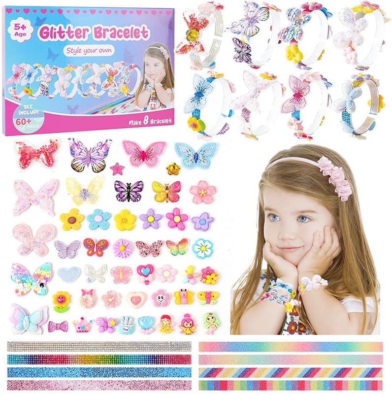 Capstro Glitter Bracelet Kit Butterfly Flower Edition – 8 DIY Bracelets with Butterfly Charms, Floral Pendants, Glitter Beads & Acrylic Decorations – Creative Arts & Crafts Gift for Girls Age 5+ - Image 1