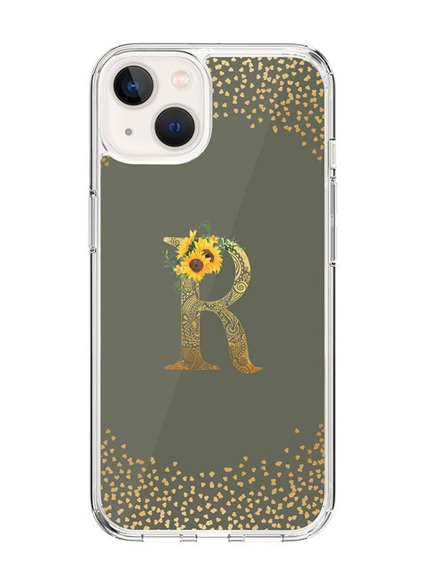 Classic Clear Case For iPhone 14 Plus, Hybrid Soft Case Cover- Custom Monogram Initial Letter Mandala Floral Pattern Alphabet - R ( Olive Green)
