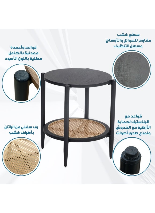 بكسل للأثاث - مجموعة 2 طاولة دائري جانبية طبقتين من بكسل الأثاث للقهوة بسطح من الخشب وبرف سفلي من الرتان وبأطراف من المعدن, مناسبة لغرفة المعيشة, الشرفة, الحديقة طاولة جانبية متينة - Image 1