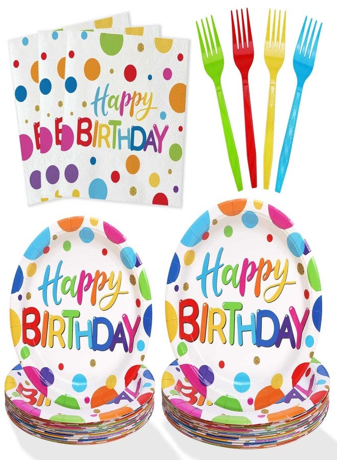 Heboland Multicolor Birthday Decorations Plates Set for 25 Guests, 100 Pieces Birthday Paper Plates Napkins Forks with Colorful Dots Design Tableware for Kids Boys Girls - Image 1