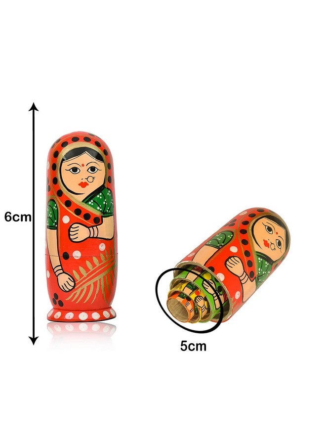 TOOLART Kids Handmade Hand Painted Cute Wooden Indian Women Nesting Dolls - Set of 5 - Image 4