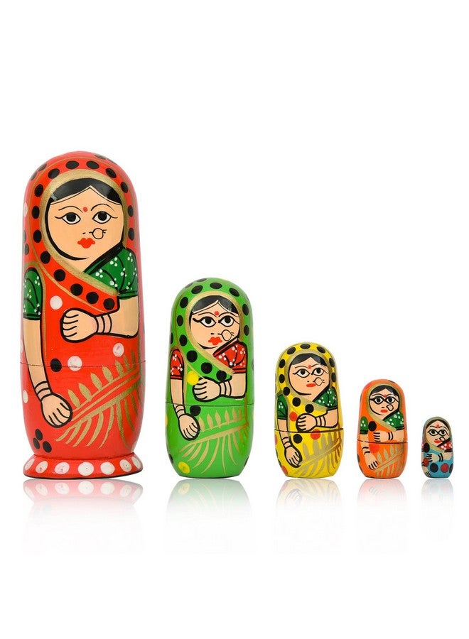 TOOLART Kids Handmade Hand Painted Cute Wooden Indian Women Nesting Dolls - Set of 5 - Image 1