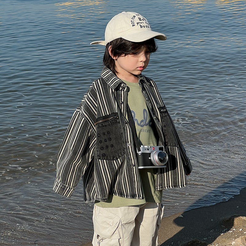 Boys' Denim Jacket 2024 Spring New Stylish Casual Baby Shirt Korean Version Versatile Children'S Striped Shirt - Image 1