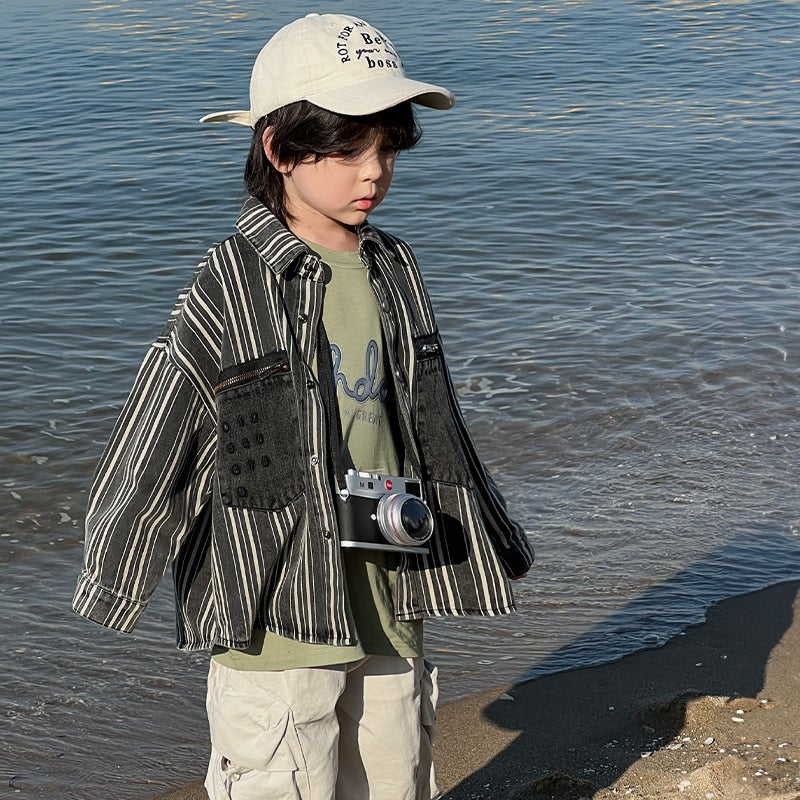 Boys' Denim Jacket 2024 Spring New Stylish Casual Baby Shirt Korean Version Versatile Children'S Striped Shirt - Image 2