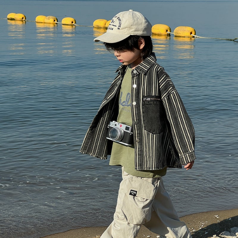 Boys' Denim Jacket 2024 Spring New Stylish Casual Baby Shirt Korean Version Versatile Children'S Striped Shirt - Image 5