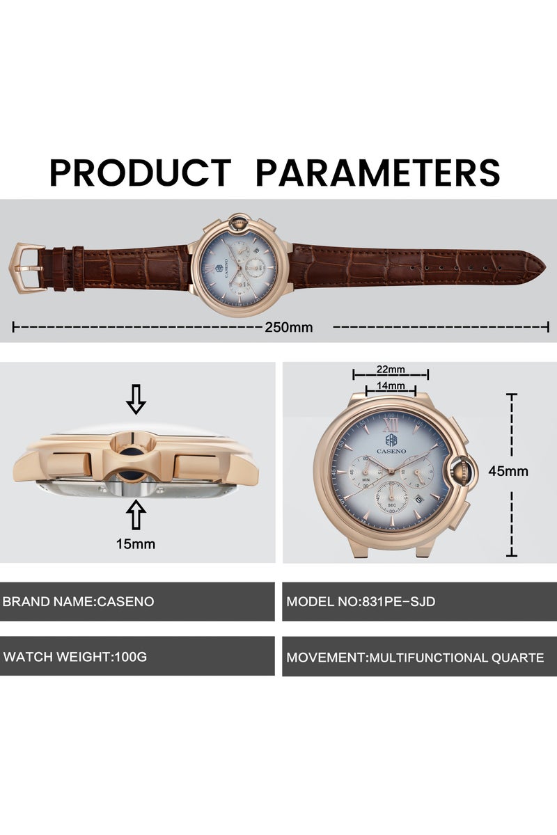 Caseno Watches for Men Luxury Quartz Water Resistant Watch Men's Chronograph Genuine Leather Strap - Image 5