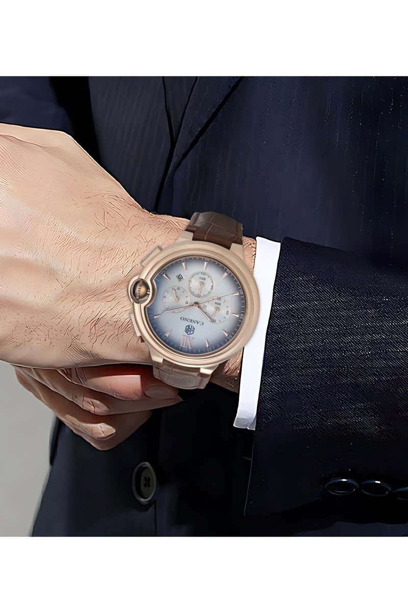 Caseno Watches for Men Luxury Quartz Water Resistant Watch Men's Chronograph Genuine Leather Strap - Image 3