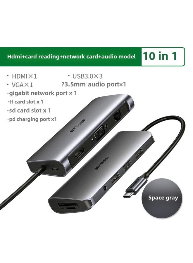 Green Union Type-C Extension Applicable To Apple MacBook Huawei Computer USB-C To HDMI/VGA 4K HD-Color:80133 [10 In 1 Space Gray] Hdmi + Card Reading + Network  - Image 1