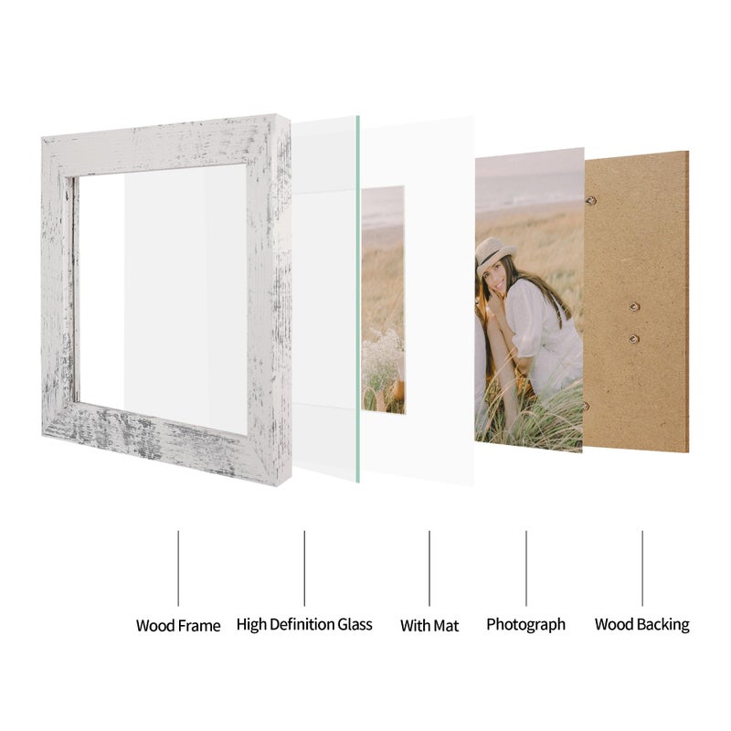 iRahmen iRahmen 6x6 Picture Frame Set of 4  Rustic Picture Frames with HD Glass  Display 4x4 Picture Frame with Mat or 6 x 6 Without Mat  Square Frame for Desktop Display and Wall Mounting  - Image 4