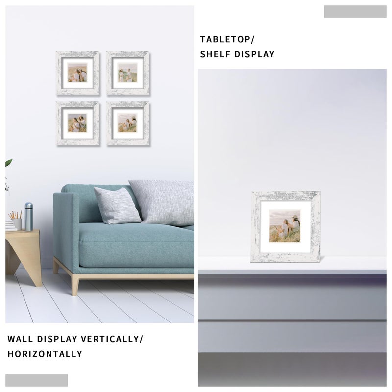 iRahmen iRahmen 6x6 Picture Frame Set of 4  Rustic Picture Frames with HD Glass  Display 4x4 Picture Frame with Mat or 6 x 6 Without Mat  Square Frame for Desktop Display and Wall Mounting  - Image 5