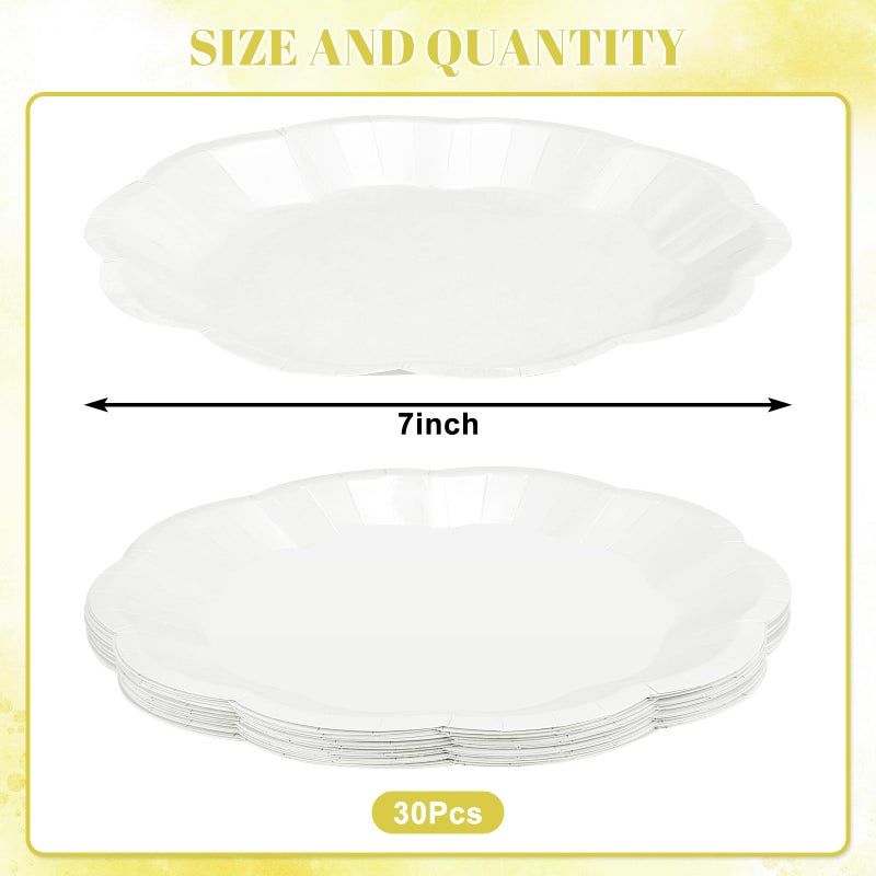 NatNarr 30pcs Scalloped Plates, 7 Inch Disposable White Paper Plates Cute Paper Dessert Cake Dinner Party Supplies for Wedding Bridal Baby Shower - Image 2
