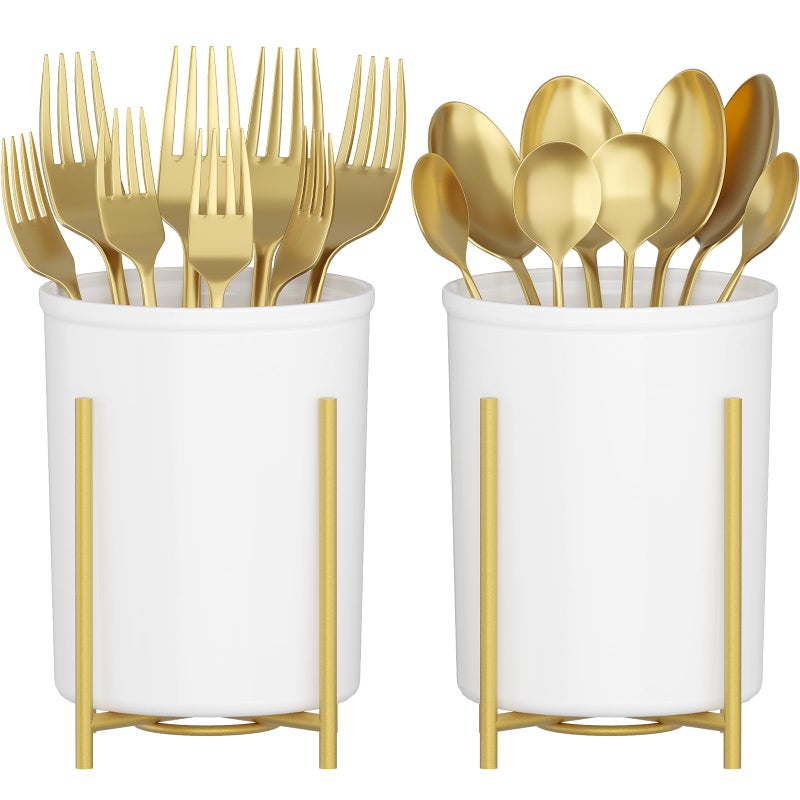 Lifewit Plastic Silverware Holder for Kitchen Countertop, Cutlery Flatware Caddy with Metal Bracket, Utensil Spoon Fork knives Organizer for Party Picnic, Gold, 2 Pack - Image 1