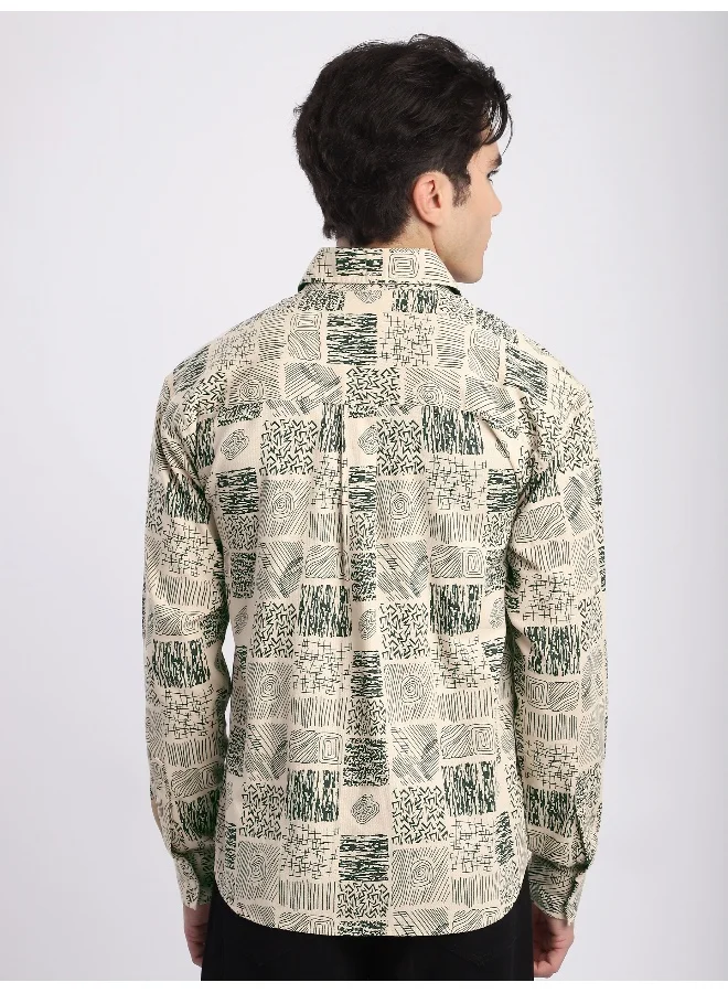 Beyoung Green Geometric Abstract Printed Overshirt