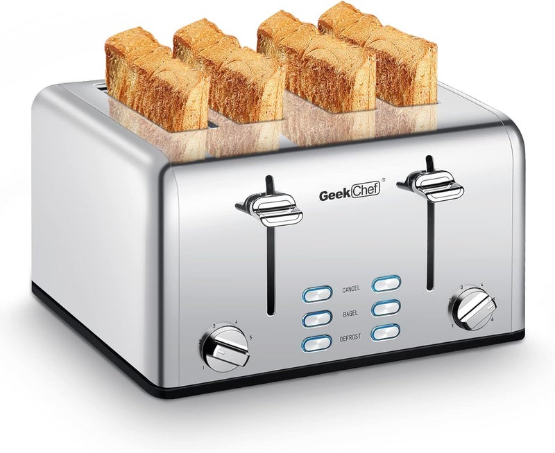 Geek Chef محمصة خبز من الفولاذ المقاوم للصدأ 4 شريحة، مع فتحات واسعة إضافية للبيغل، صينية قابلة للإزالة، وظائف إلغاء/إذابة/إعادة تسخين - Image 1