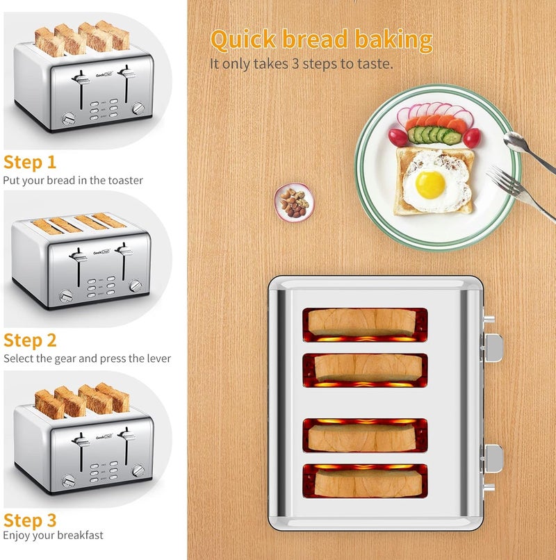 Geek Chef محمصة خبز من الفولاذ المقاوم للصدأ 4 شريحة، مع فتحات واسعة إضافية للبيغل، صينية قابلة للإزالة، وظائف إلغاء/إذابة/إعادة تسخين - Image 4