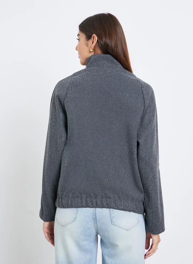 Styli Styli Women Grey Solid High Neck Oversized Coat