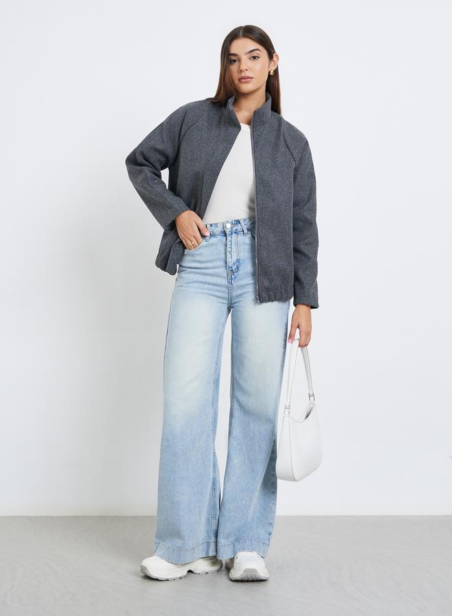 Styli Women Grey Solid High Neck Oversized Coat - Image 2