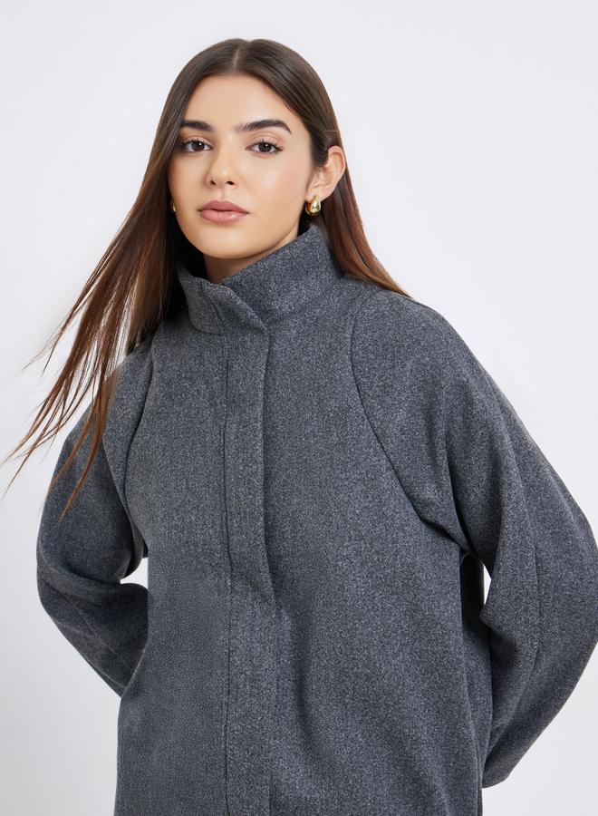 Styli Women Grey Solid High Neck Oversized Coat - Image 1