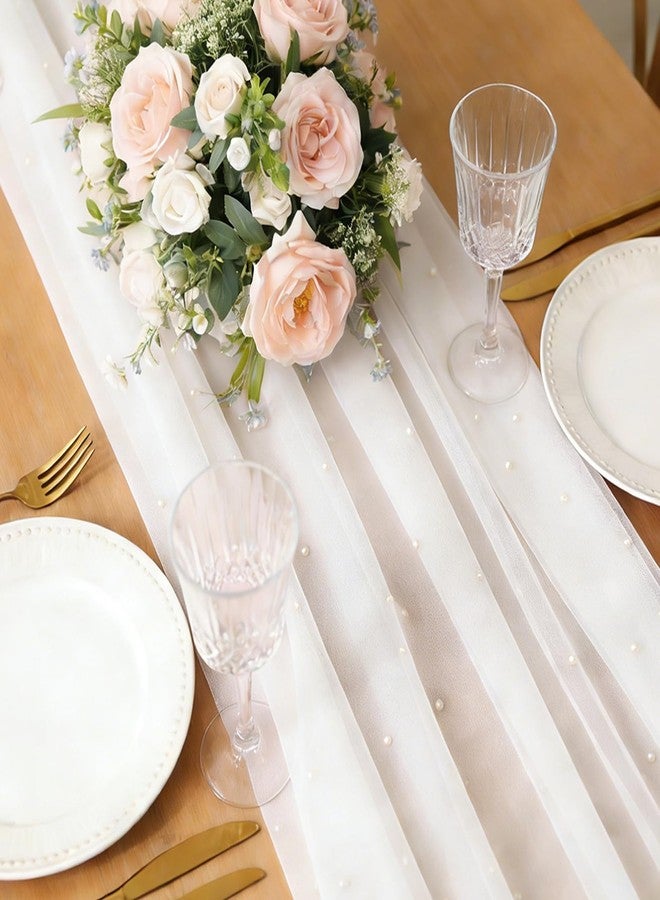 U+U White Pearl Gauze Table Runner 120 Inch 10FT, Sheer Table Decor for Wedding Birthday Baby Shower Home Party Holiday Decorations - Image 2