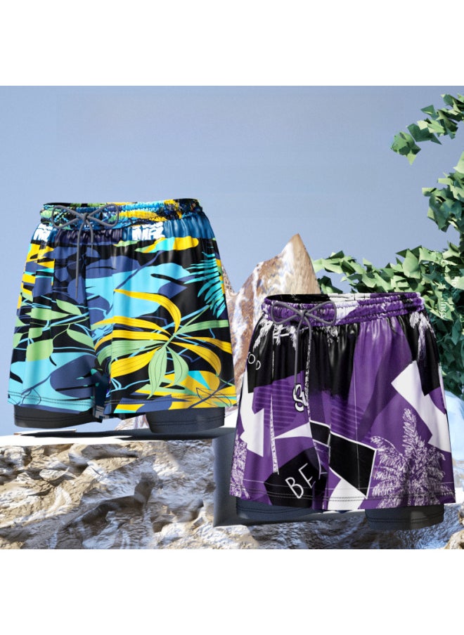 Generic - Swimming Trunks Men's Double-layer Men's Hot Spring Pants Plus Size Loose Swimming Trunks Men's Fashion Swimming Goggles Swimming Cap Swimming Trunks Suit-Color:Silver Gray Two-piece Set- - Image 1