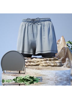 Swimming Trunks Men's Double-layer Men's Hot Spring Pants Plus Size Loose Swimming Trunks Men's Fashion Swimming Goggles Swimming Cap Swimming Trunks Suit-Color:Silver Gray Two-piece Set-