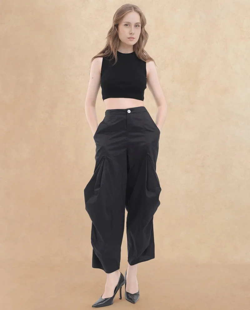 Rareism Women's Casual Comfort: Cotton Satin Parachute Pants