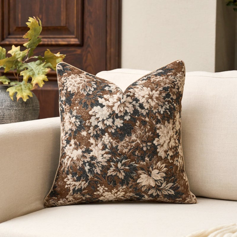 Yangest Neutral Floral Pillow Cover 20 x 20 Inches, Vintage Chenille Square Throw Pillow Cover Soft Decorative Farmhouse Accent Couch Pillow Cover for Living Room Bedroom, Coffee Brown - Image 1