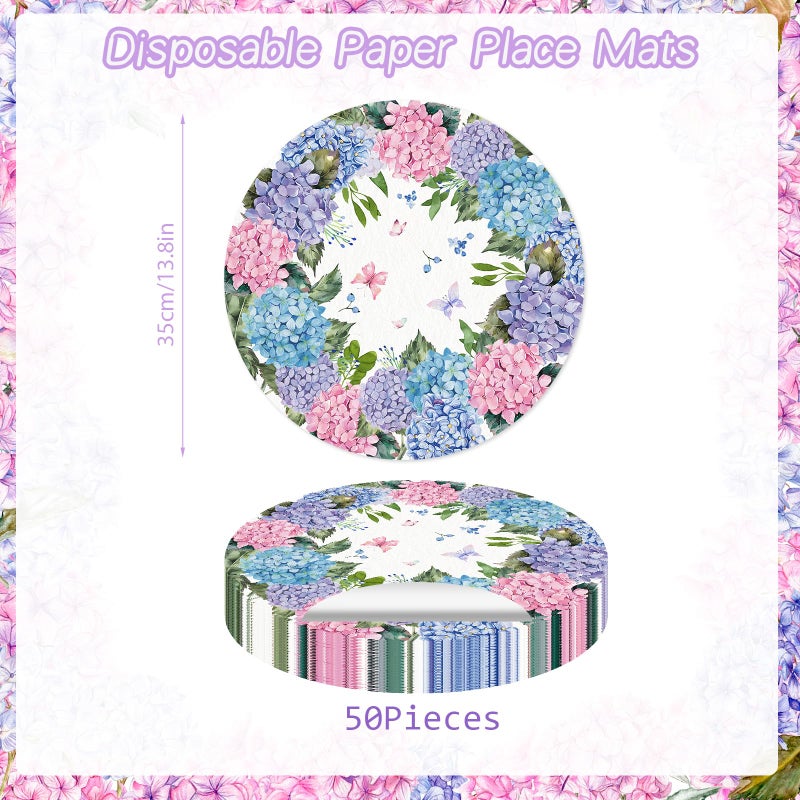 Tarklanda Paper Placemats Disposable 50 Pack Hydrangea Placemats 13.7 Inch Hydrangea Floral Place Mats Round Table Mats Spring Summer Table Mats for Birthday Wedding Party Supplies - Image 2
