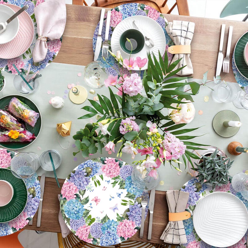 Tarklanda Paper Placemats Disposable 50 Pack Hydrangea Placemats 13.7 Inch Hydrangea Floral Place Mats Round Table Mats Spring Summer Table Mats for Birthday Wedding Party Supplies - Image 5