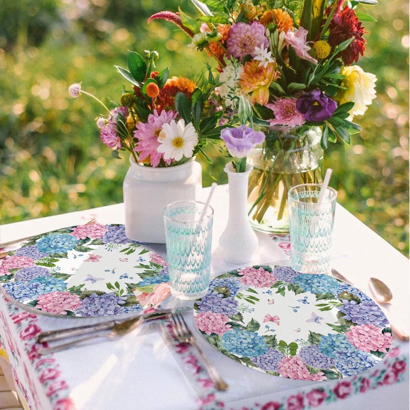 Tarklanda Paper Placemats Disposable 50 Pack Hydrangea Placemats 13.7 Inch Hydrangea Floral Place Mats Round Table Mats Spring Summer Table Mats for Birthday Wedding Party Supplies - Image 4