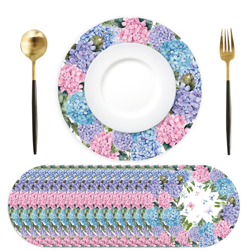 Tarklanda Paper Placemats Disposable 50 Pack Hydrangea Placemats 13.7 Inch Hydrangea Floral Place Mats Round Table Mats Spring Summer Table Mats for Birthday Wedding Party Supplies - Image 1