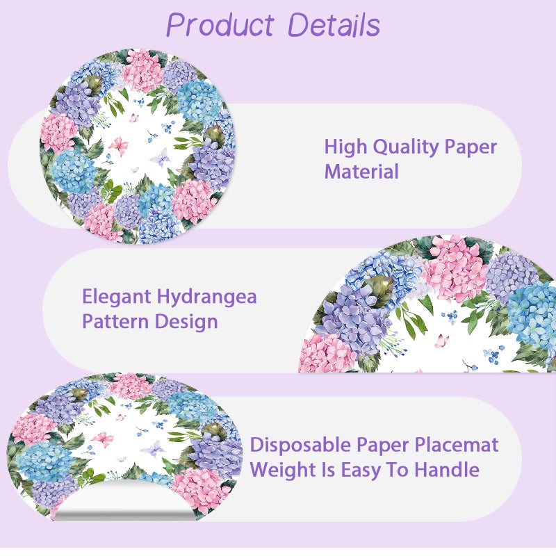Tarklanda Paper Placemats Disposable 50 Pack Hydrangea Placemats 13.7 Inch Hydrangea Floral Place Mats Round Table Mats Spring Summer Table Mats for Birthday Wedding Party Supplies - Image 3