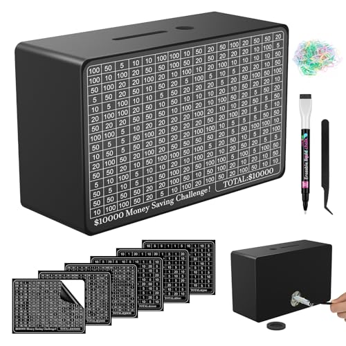 Gomyrod Wooden Money Saving Box Cash Vault Savings Box for 10000 5000 3000 1000 800 500 Target Money Saving Challenge Reusable Money Box with Counter Dry Erase PenSavings TrackersRubber BandBlack - Image 1